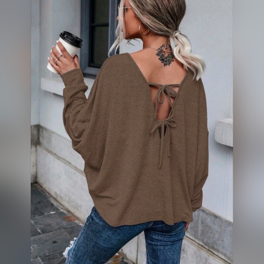 SHEIN Oatmeal Brown Open-Back Tie Sweatshirt Batwing Long Sleeve